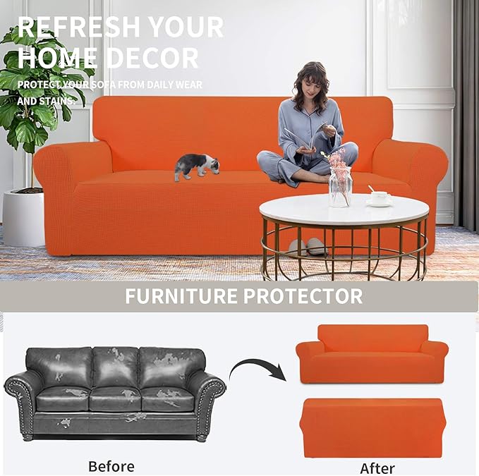 Easy-Going Stretch Chair Sofa Slipcover 1-Piece Couch Sofa Cover Furniture Protector Soft with Elastic Bottom for Kids, Pet. Spandex Jacquard Fabric Small Checks (Chair, Orange)