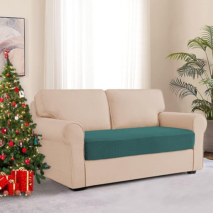 Water Resistant Stretch Sofa Seat Cushion Covers Stretch Furniture Protector, Soft Flexibility Loveseat Cushion Cover with Elastic Bottom for Camper (Medium, Dark Teal)