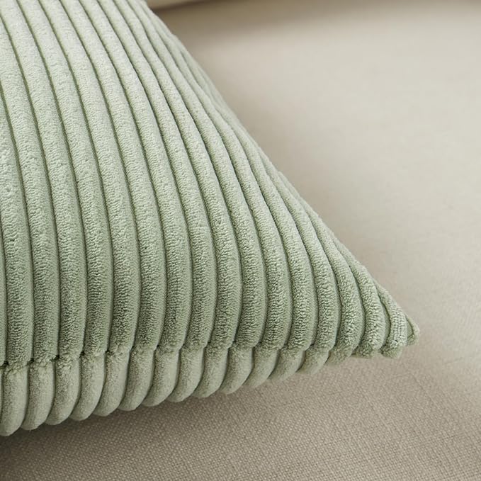 Fancy Homi 2 Packs Sage Green Lumbar Decorative Throw Pillow Covers 14x24 Inch for Couch Bed, Rustic Farmhouse Boho Home Decor, Soft Striped Corduroy Rectangle Accent Cushion Case 35x60 cm