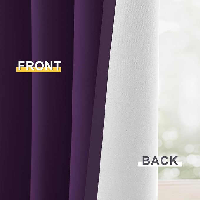 Yakamok 100% Blackout Curtain Panels 63 inches Cold and Light Blocking Drapes for Nursery, 2 Thick Layers Thermal Insulated Draperies (2 Pieces, 50 Wide Each Panel, Purple/White Backing)