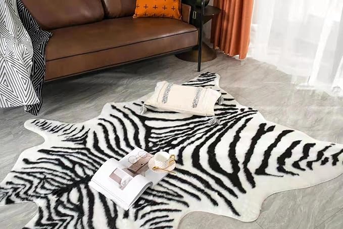 Large Zebra Print Area Rug Carpet Faux Cowhide Leather Animal Simulation Plush Mat Cute Soft for Home Decor Black and White 4.9'x6.6'