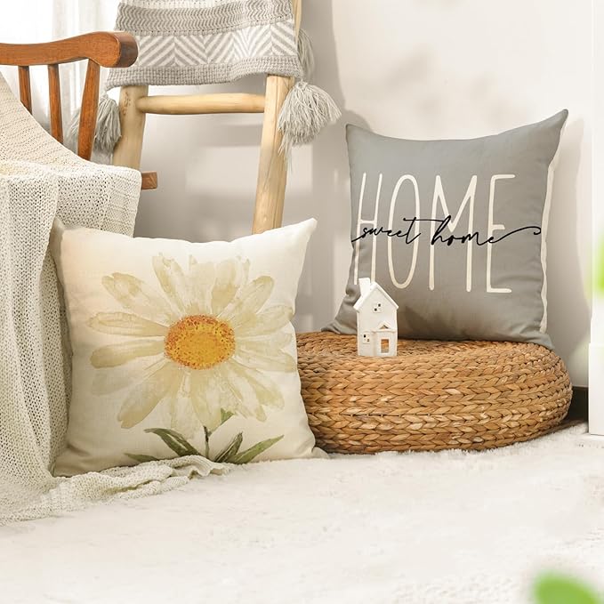 AVOIN colorlife Home Sweet Home Spring Summer Flowers Throw Pillow Covers, 16 x 16 Inch Grey Cushion Case for Sofa Couch Set of 4