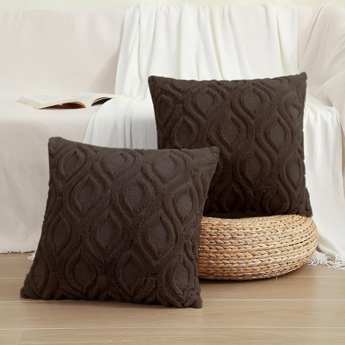decorUhome Throw Pillow Covers 16x16 Inch Set of 2, Soft Plush Faux Wool Dark Brown Solid Couch Pillow Covers, Accent Farmhouse Neutral Square Pillow Cases for Sofa Bed Living Room