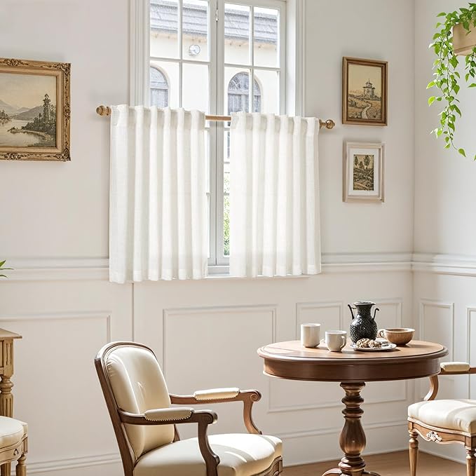 Nanspring 24 Inch Linen Curtains for Kitchen Beige White Small Window Semi Sheer Curtains Back Tab and Rod Pocket Light Filtering Drapes for Basement Short Cafe Curtain 30 x 24 Inch, 2 Panels