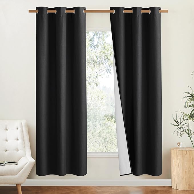 NICETOWN Vintage Open Linen Weave Flax Thermal Curtains, 100% Blackout Curtains 70 inches Long for Dining Room, Soundproof Window Treatment Drapes for Hall Room, Black, 34" Wide Per Panel, Set of 2