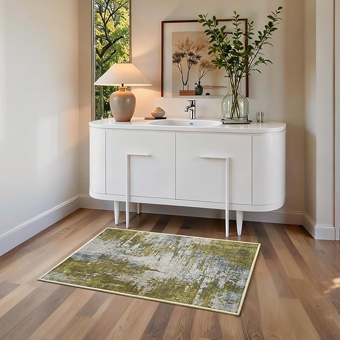 Entrance Rugs Indoor 2x3 Green Entry Rug Washable Abstract Small Area Rug Non-Slip Low Pile Throw Rugs for Entryway, Kitchen Floor, Front Door Indoor Door Mat, Bedroom Bedside