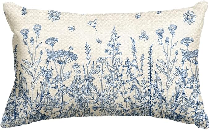 AVOIN colorlife Wildflowers Spring Summer Blue Throw Pillow Cover, 12 x 20 Inch Floral Cushion Case Decoration for Home Sofa Couch