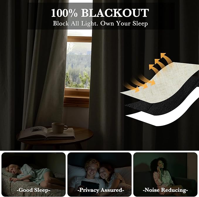 RYB HOME Natural Linen 100% Blackout Curtains for Bedroom 72 Long 52 Width, Linen Blackout Curtains Privacy Protection& Thermal Insulated for Sliding Door/Living Room, 2 Panels