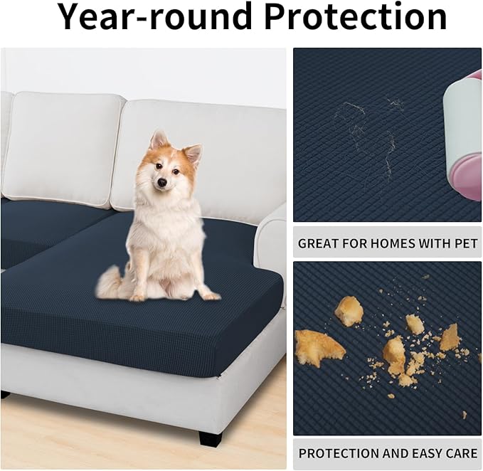 Easy-Going Stretch 3 Pieces Couch Cushion Covers for Sectional Sofa Left/Right L Shape Chaise Lounge Sofa Seat slipcover Anti-Slip Sofa Cover Soft (2 Seater + 1 Chaise, Dark Blue)