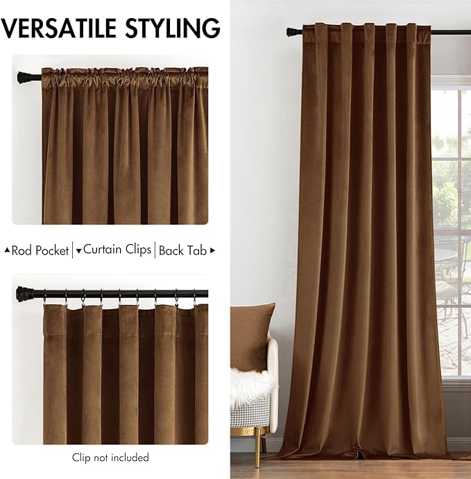 MIULEE Velvet Curtains 108 inches - Luxury Blackout Curtains for Bedroom Living Room Thermal Insulated Super Soft Window Drapes Rod Pocket & Back Tab, Brown, W52 x L108 inches, 2 Panels