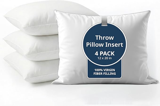LANE LINEN 12x20 Pillow Insert - Set of 4 White Decorative Pillow for Sofa Bed, Fluffy Pillow Inserts for Throw Pillow Covers, Throw Pillows for Bed, Couch Pillows for Living Room, Bed Pillows