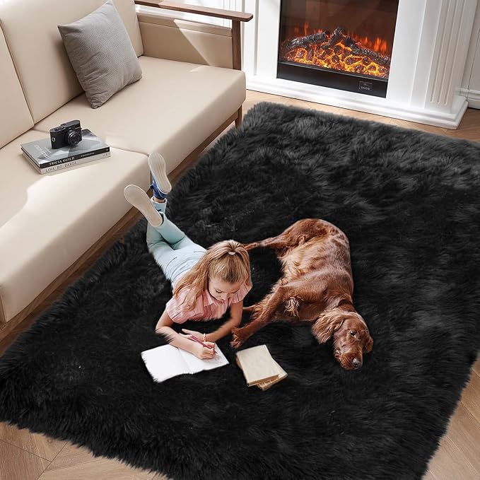 Black Faux Fur Rug for Bedroom 3'x5' Soft Shag Fuzzy Rugs for Living Room, Furry Bedside Nursery Rug Plush Indoor Floor Carpet for Kids Room Teen Dorm