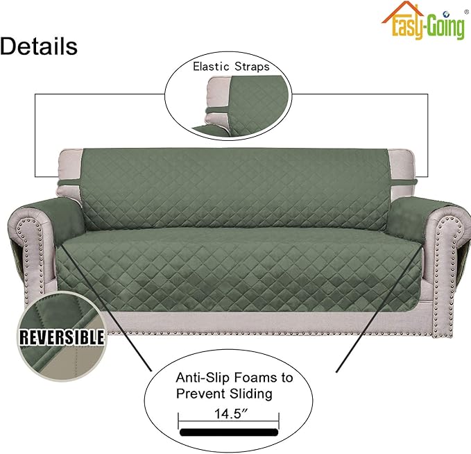 Easy-Going Reversible Couch Cover for 3 Cushion Couch Sofa Cover for Dogs Water Resistant Furniture Protector Cover with Foam Sticks Elastic Straps for Pet Cat (Sofa, Greyish Green/Beige)
