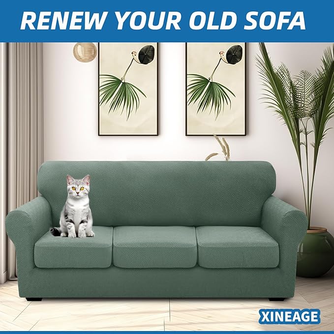 XINEAGE New 4 Pieces Couch Covers for 3 Cushion Couch Super Stretch Thick Soft Sofa Cover Anti Slip Sofa Slipcover Dogs Cats Furniture Protector (Pea Green, 71"-91")