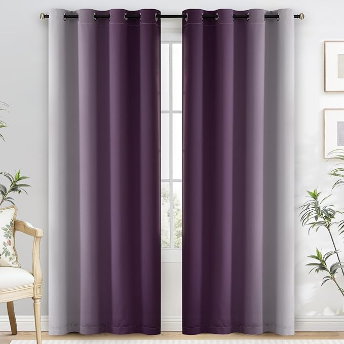 Yakamok 100% Blackout Curtains 84 Inch Length 2 Layers,Purple Curtains for Bedroom Ombre Room Darkening Grommet Gradient Drapes, Light Blocking Thermal Insulated Window Curtains for Living Room