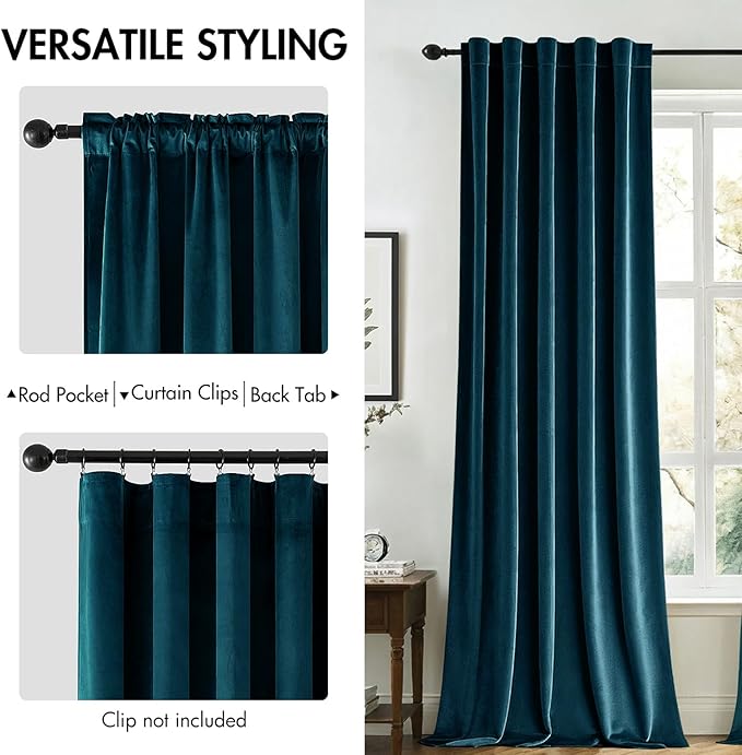MIULEE Blue Velvet Curtains 108 inches Long 2 Panels - Luxury Room Darkening Curtains for Bedroom Living Room Thermal Insulated Fall Decor Super Soft Window Drapes Rod Pocket & Back Tab, Peacock Blue