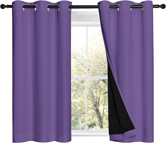 NICETOWN 100% Blackout Short Curtains with Black Liners, 2 Panels, 37"W by 40"L, Lilac Purple, Solid Thermal Insulated Full Blackout 2-Layer Lined Drapes, Energy Efficiency Window Drapes for Bedroom