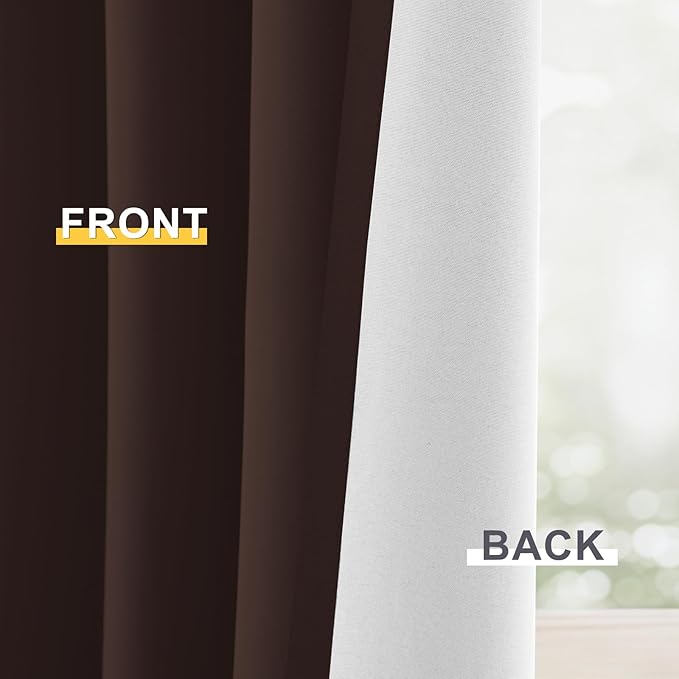 Yakamok 100% Blackout Curtain Panels 63 inches Cold and Light Blocking Drapes for Nursery, 2 Thick Layers Thermal Insulated Draperies (2 Pieces, 50 Wide Each Panel, Brown/White Backing)