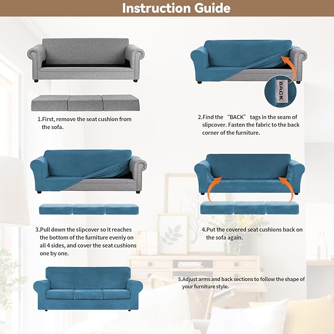 WEERRW 4 Pieces Velvet High Stretch Couch Covers for 3 Cushion Couch Sofa Slipcovers, Washable Furniture Protector with Non Slip Elastic Bottom, Feature Soft Plush Fabric, Peacock Blue, Large