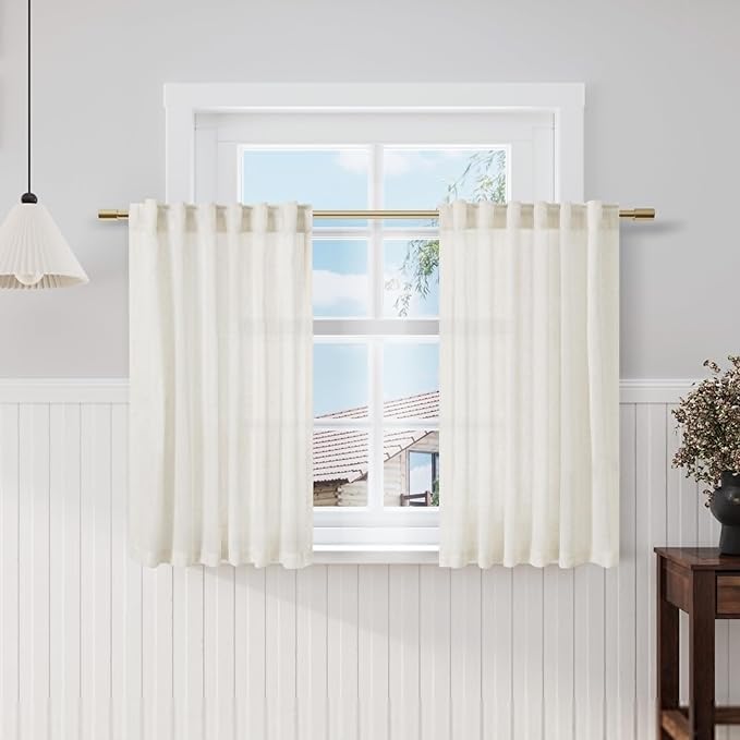 Nanspring Cream Short Linen Kitchen Curtains 36 Inch Length,Over Sink Light Filtering Semi Sheer Curtains Back Tab and Rod Pocket Drapes for Basement Bathroom Window, 2 Panels 42 x 36 Inch