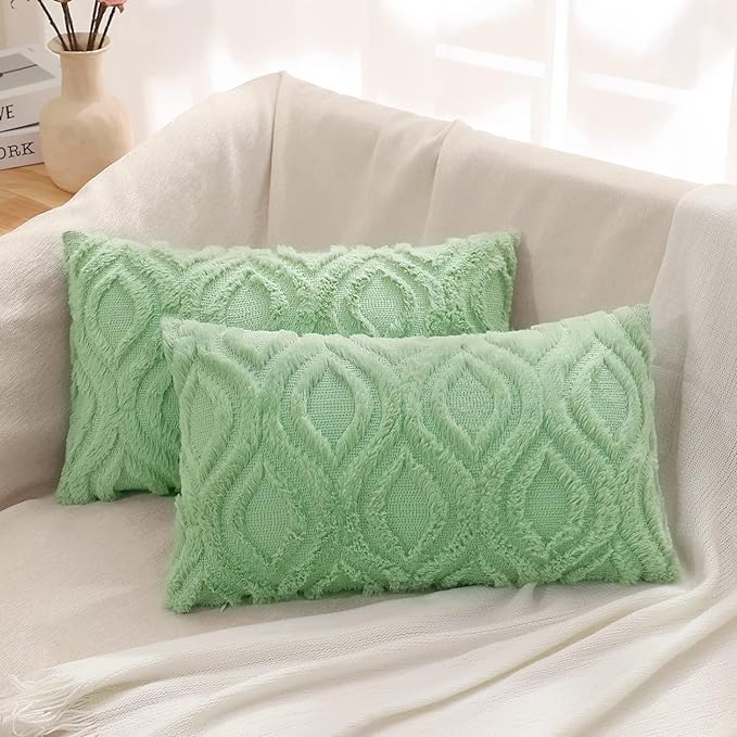 decorUhome Summer Throw Pillow Covers 12x20 Inch Set of 2, Soft Plush Faux Wool Light Sage Green Solid Couch Pillow Covers, Accent Farmhouse Neutral Rectangle Pillow Cases for Sofa Bed Living Room