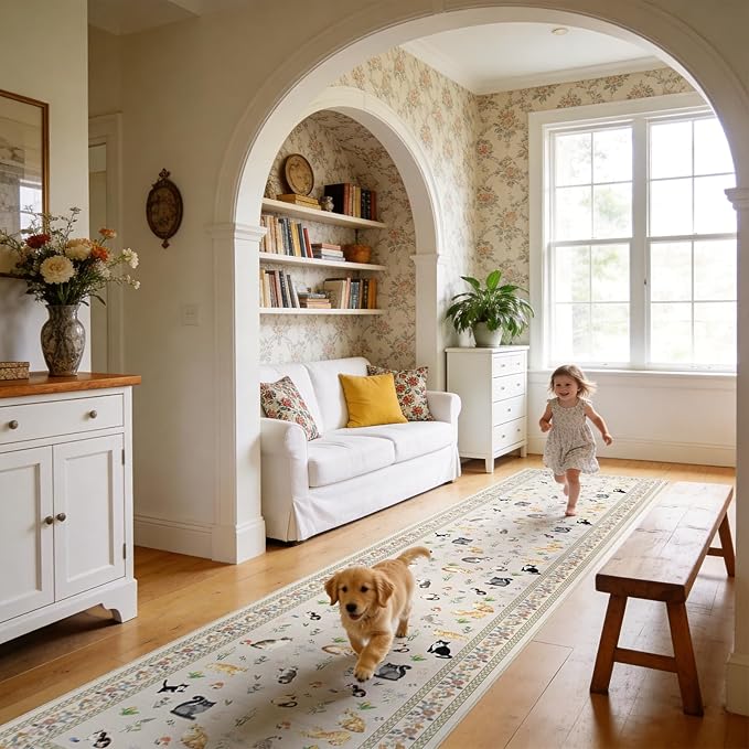 2x12 Washable Hallway Runner Rug - Soft Low Pile Floral Animal Cat Print Rugs with Non-Slip Backing Waterproof Stain-Resistant Indoor Carpet for Kitchen Entryway Bathroom Bedroom (Light Beige)