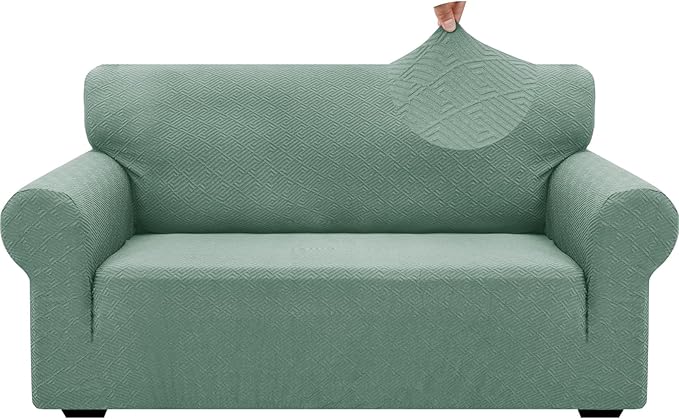 ZNSAYOTX 1 Piece Jacquard Couch Covers for 2 Cushion Couch High Stretch Loveseat Slipcover for Pets Dogs Anti Slip Love Seat Sofa Slipcover Furniture Protector (Medium,New Pattern Pea Green)