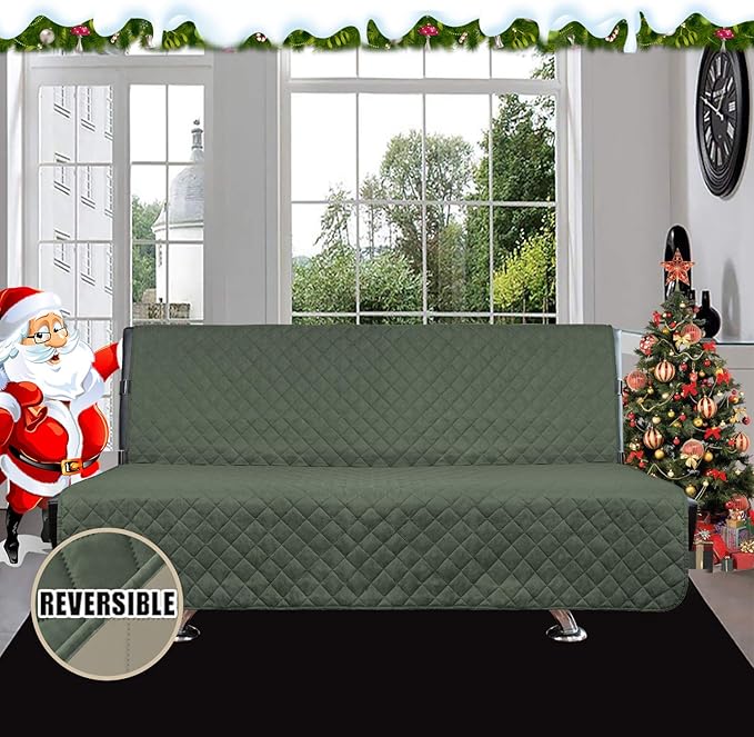 Easy-Going Futon Sofa Slipcover Reversible Sofa Cover Armless Cover Furniture Protector Couch Cover Water Resistant Pets, Kids, Children, Dog, Cat Greyish Green/Beige