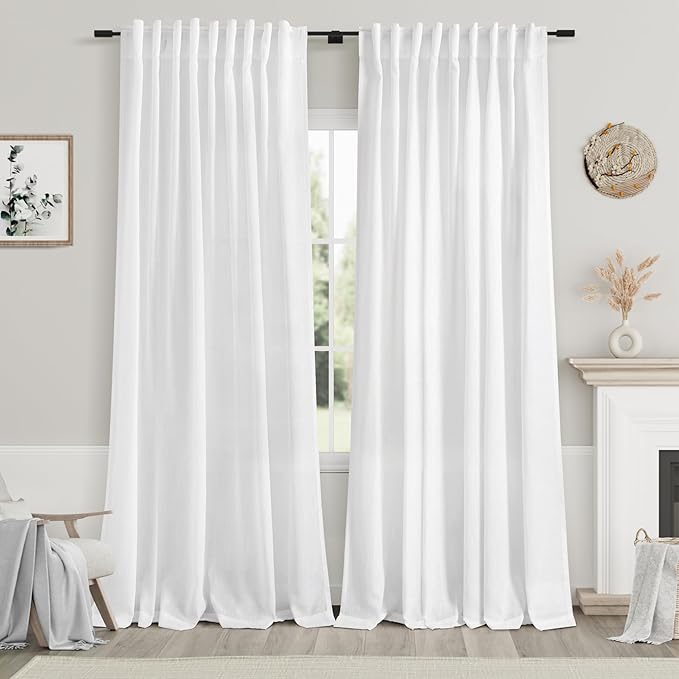 White Linen Curtains 84 inches Long for Bedroom Back Tab Light Filtering Privacy Sheer White Curtains Modern Farmhouse Coastal Decor White Cotton Textured Gauze Curtain 2 Panel Set 70x84