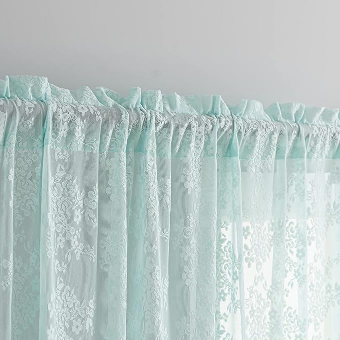 YJ YANJUN Vintage Lace Curtains 84 Inches Long-Victorian Floral Pattern Aqua Sheer Curtain Panels for Living Room Bedroom,Light Filtering, Memaid Beachy Drapes 2 Panels 52W x 84L Mint Green