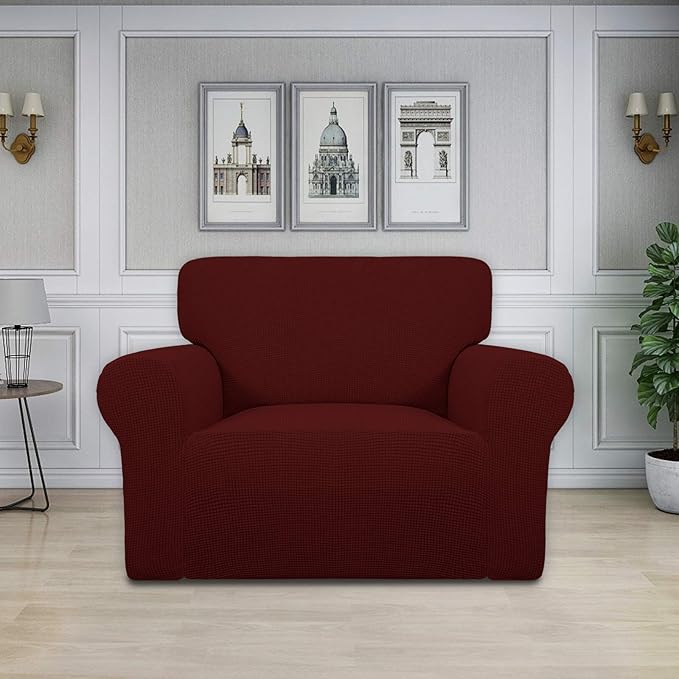 Easy-Going Stretch Oversized Chair Sofa Slipcover 1-Piece Couch Sofa Cover Furniture Protector Soft with Elastic Bottom for Kids Spandex Jacquard Fabric Small Checks Wine