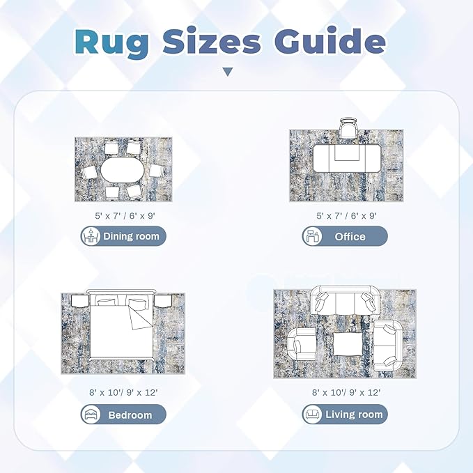 pmtsns Area Rugs 9x12 for Living Room: Washable Rug Modern Abstract Neutral Soft Non-Slip Low-Pile Indoor Large Carpet for Bedroom Dining Room Playroom Home Office (Blue Grey Brown, 9'x12')