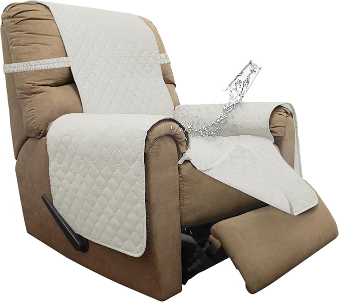 ISSUNTEX Double Protection 100% Waterproof Recliner Covers for Living Room, Reversible Furniture Protector Recliner Couch Sofa Slipcover for Dogs, Pets, Kids (Recliner, Ivory/Ivory)