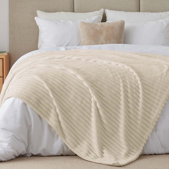 BEDELITE Blankets Queen Size for Bed, 300GSM Soft & Warm Fleece Blanket, Decorative and Giftable Striped Beige Blankets for Women, Men, 90"x90"