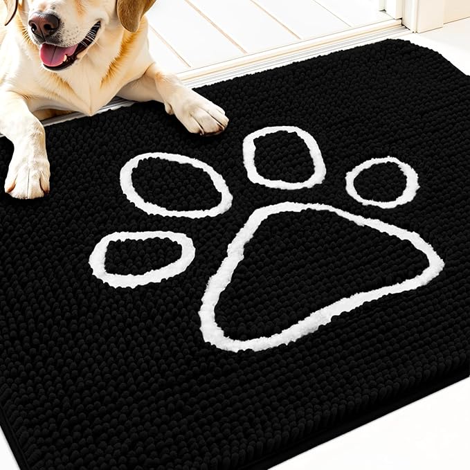 OLANLY Dog Door Mat for Muddy Paws 32x20, Paw Print Design, Absorbs Moisture and Dirt, Absorbent Non-Slip Washable Doormat, Quick Dry Chenille Mud Mat for Dogs, Entry Indoor Entryway Carpet, Black