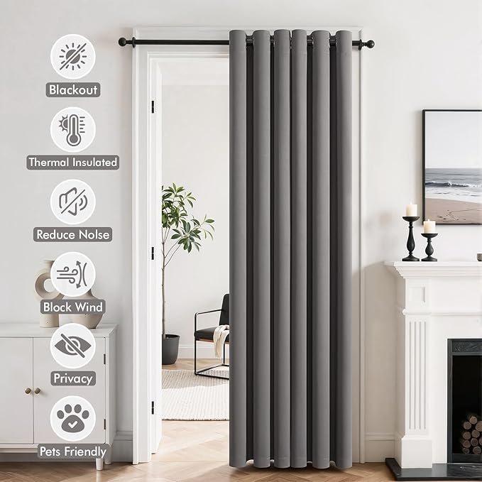 MIULEE Blackout Door Curtain Set of 2, 34 x 80 Inch Grey Thermal Insulated Room Divider Drapes with Grommet Top for Privacy Cover, Living Room, Bedroom, Closet & Temporary Doorway