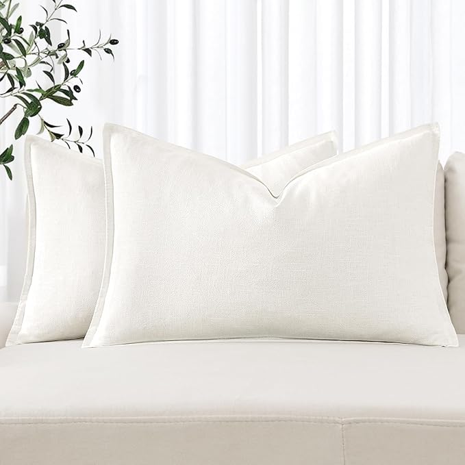 MIULEE Decorative Linen Lumbar Pillow Covers 12x20 Inch Cream White Boho Farmhouse Neutral Couch Throw Pillows for Bed Pack of 2 Accent Modern Pillowcase Sofa Livingroom Home Decor