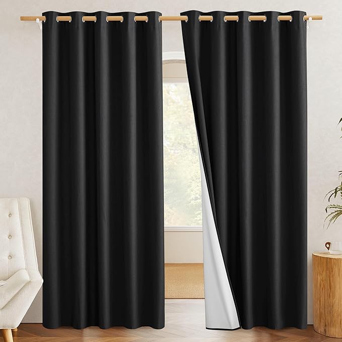 NICETOWN Vintage Open Linen Weave Flax Thermal Black Curtains for Holloween Decoration, 100% Blackout Curtains 84" Long 2 PCs for Dining Room, Soundproof Window Treatment Drapes for Hall Room