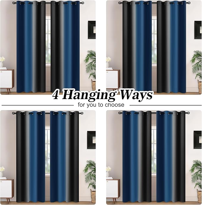 Yakamok Blackout Ombre Dark Blue and Black Curtains for Bedroom, Gradient Room Darkening Curtains, Grommet Thermal Insulated Light Blocking Window Drapes/Curtain for Living Room,52 x 72 Inch,2 Panels