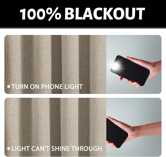 Yakamok Natural Linen Curtains 100% Blackout 63 Inches Long,Room Darkening Textured Curtains for Living Room Thermal Grommet Bedroom Curtains 2 Panels with Greyish White Liner