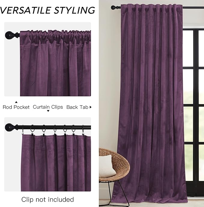RYB HOME Purple Velvet Curtains 84 inches, Back Tab Soft Fabric Room Darkening Thermal Insulated Luxurious Home Decor Curtains for Living Room Bedroom, W 52" x L 84", 2 Panels Set