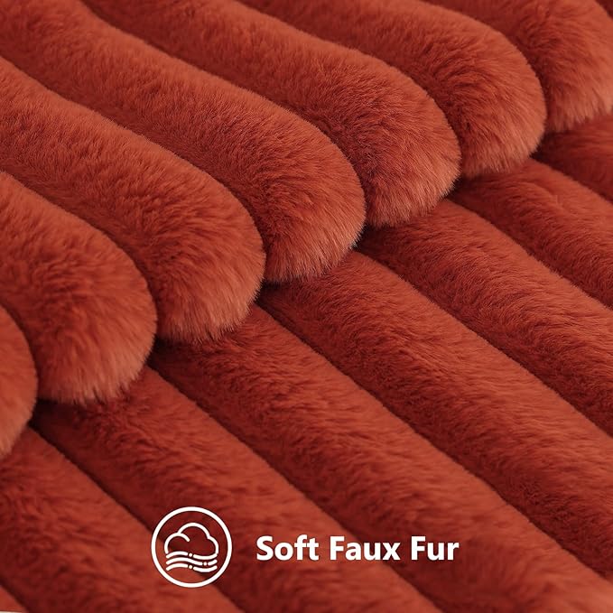 decorUhome Cozy Faux Fur Throw Pillow Covers 12x20 Set of 2 Decorative Soft Plush Striped Lumbar Modern Farmhouse Boho Couch Pillow Cases with Velvet Back for Sofa Bed Living Room, Rust
