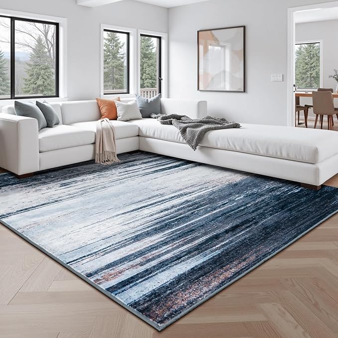 Rugflix 9x12 Large Area Rug, Washable Rug for Living Room, Non Slip, Soft Low Pile, Modern Abstract Blue Grey Indoor Carpet for Bedroom, Dining Room, Home Office, Large Room