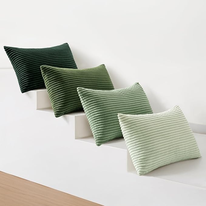 MIULEE Boho Farmhouse Sage Green Throw Pillow Covers 12x20 Inch Set of 4 Mordern Nordic Cushion Covers Soft Corduroy Spring Home Decor for Couch Bed Sofa Living Room Forest Green