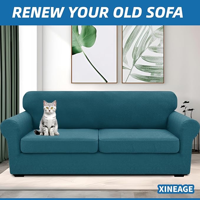 XINEAGE New 3 Pieces Couch Covers for 2 Extra Large Cushion Sofa Super Stretch Sofa Cover for 2 Large Seat Universal Loveseat Slip Cover for Living Room (Peacock Blue), 71"-91"(2 Cushions)
