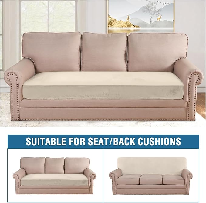 H.VERSAILTEX Velvet Stretch Individual Couch Cushion Cover Plush Cushion Slipcover for Loveseat Sofa Cushion Furniture Protector Seat Cushion Sofa Cover (1 Piece Sofa Cushion Cover, Cream)