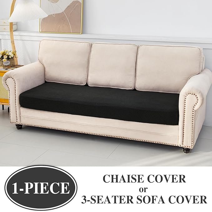Couch Cushion Cover Chaise Lounge Cover Washable Separate Seat Chaise Couch Cover Stretch Sectional Sofa Slipcover(1 Piece for Chaise or Sofa 3-Seater, Black)