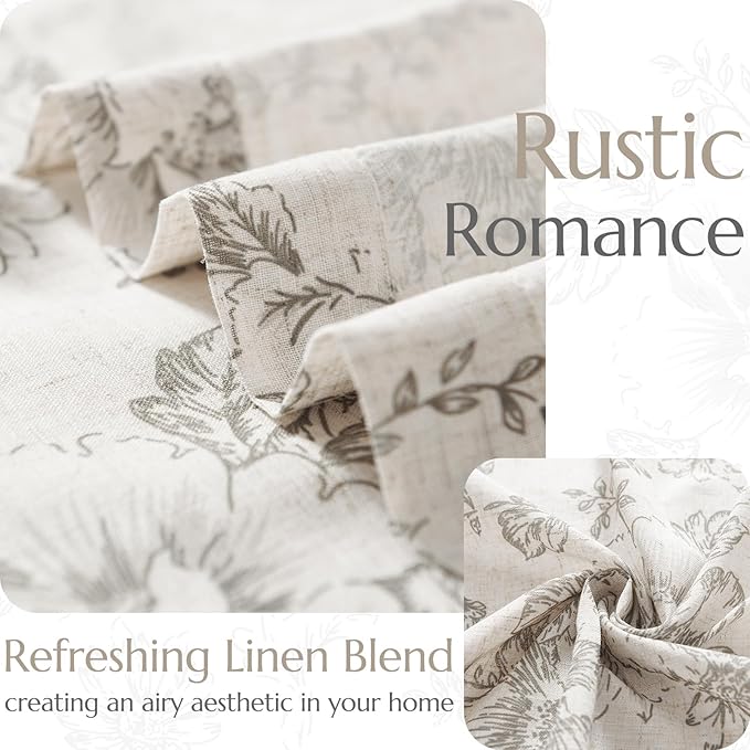 jinchan Linen Blend Curtain Floral Curtains for Living Room 96 Inch Length Grey Printed Curtain Rod Pocket Back Tab Farmhouse Peony Flower Patterned Drapes Bedroom Window Curtains Set 2 Panels