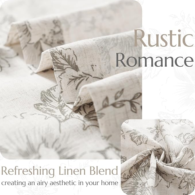 jinchan Linen Blend Curtain Floral Curtains for Living Room 96 Inch Length Grey Printed Curtain Rod Pocket Back Tab Farmhouse Peony Flower Patterned Drapes Bedroom Window Curtains Set 2 Panels