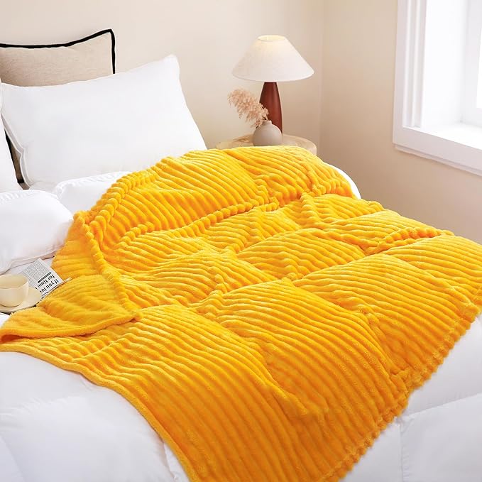 Gold Fleece Throw Blanket 108”×90” for Couch Sofa Bed,Super Soft Cozy Plush Microfiber Flannel Blanket with Stripes Design Lightweight for Adults,Woman,Girls